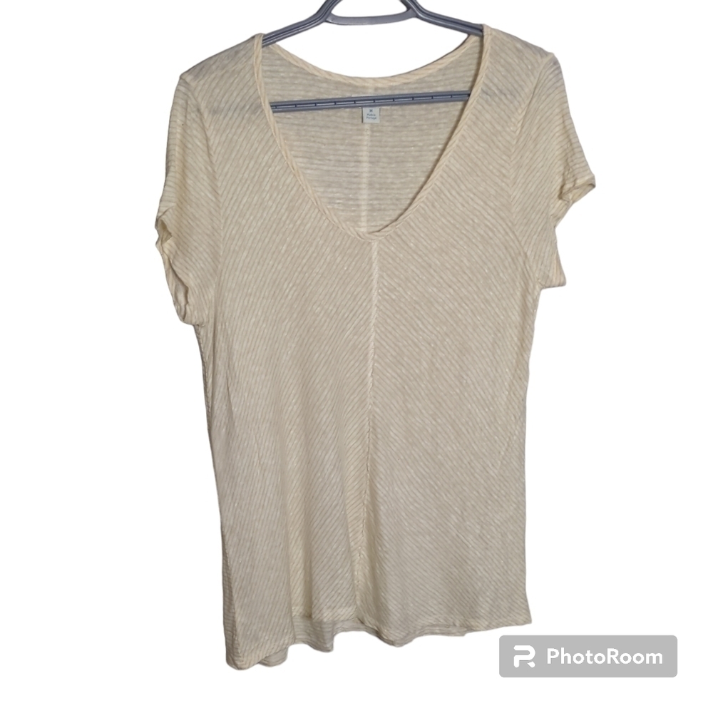 Sundance Yellow/White V-Neck 100% ‎ Linen Tee Size M